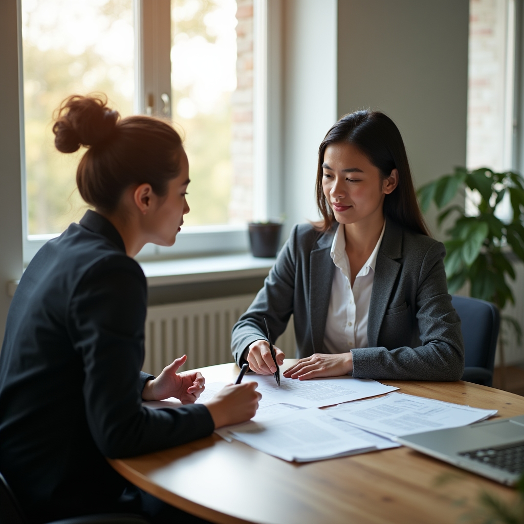 One-on-one coaching session between a trainer and a student reviewing property management materials at a table in a bright office