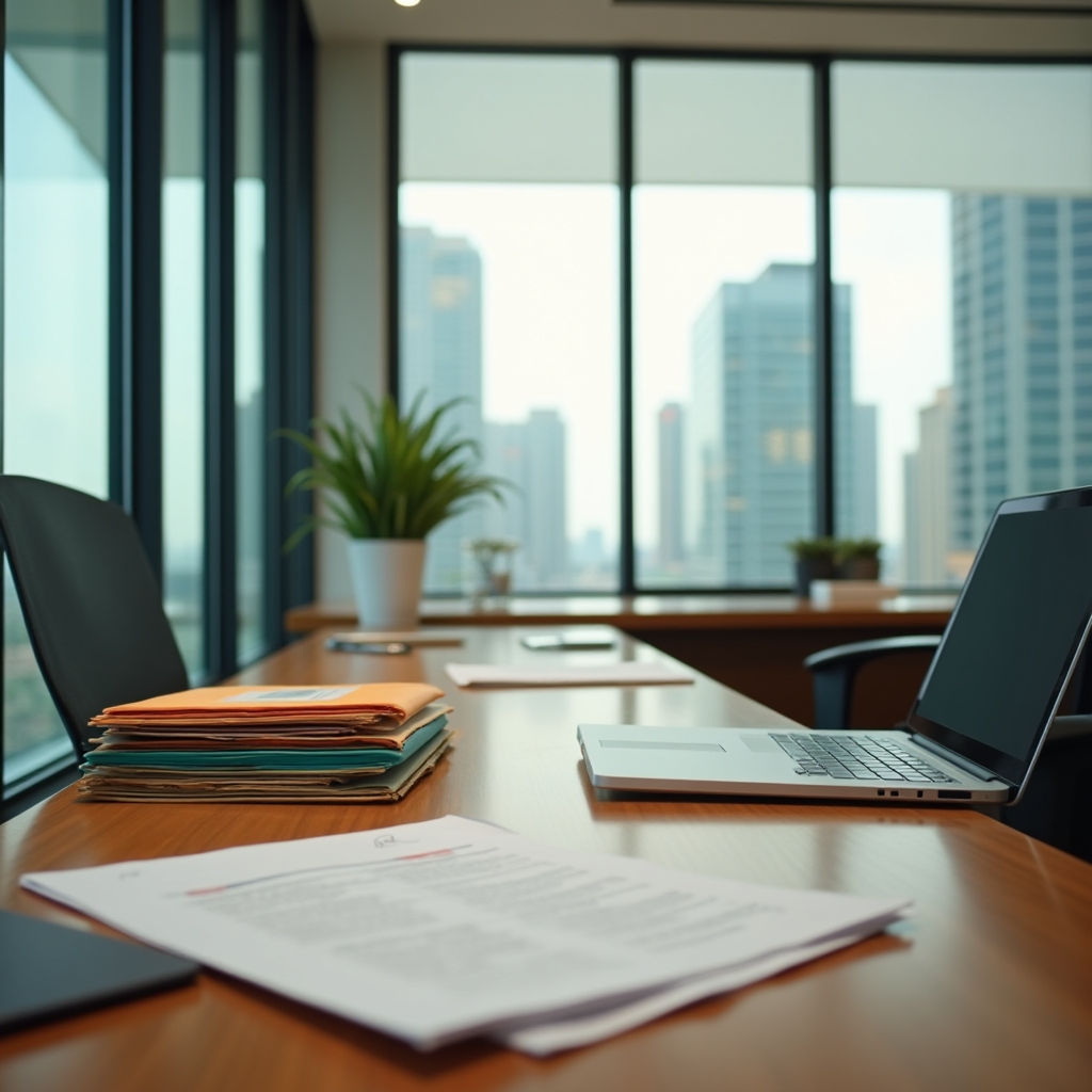 Modern office workspace in Makati City with property management training materials, folders, and a city view through large windows