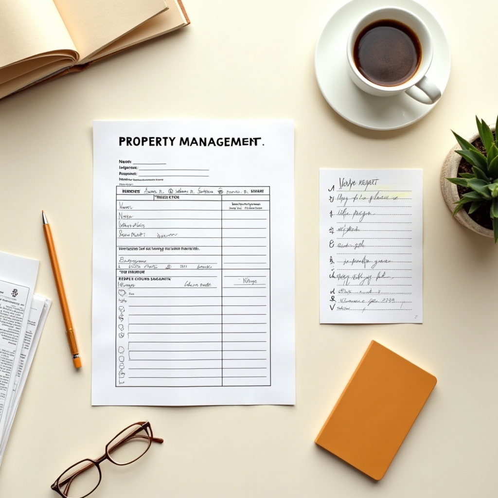 Aspiring property manager studying course materials and checklists spread across a clean desk with natural light in a Makati office
