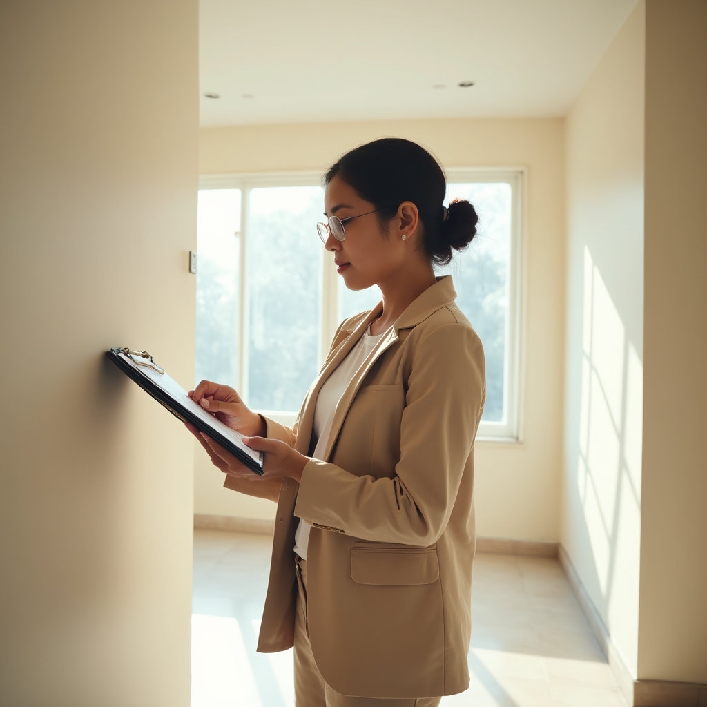 Building administrator conducting a move-in inspection with a clipboard in a bright, empty residential unit